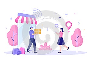 Mobile Store or Shopping Online in Application Vector Illustration. Digital Marketing Promotion, Payment and Purchase Via Card