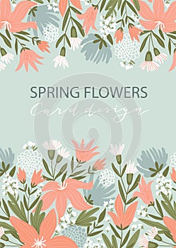 Summer flowers on the blue background. Floral poster or greeting card design with place for your text.