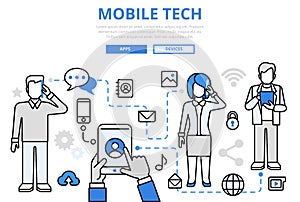 Mobile tech communication concept flat line art vector icons