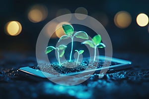 Mobile Technology and Nature: Growing Plants Emerging from Smartphone.