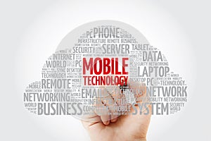 Mobile technology word cloud collage with marker, business concept background