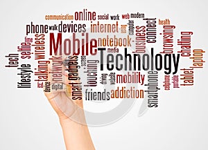Mobile Technology word cloud and hand with marker concept