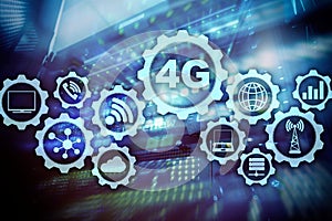 Mobile telecommunication cellular high speed data connection concept: 4G LTE. On server room background.