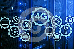 Mobile telecommunication cellular high speed data connection concept: 4G LTE. On server room background