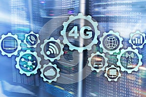 Mobile telecommunication cellular high speed data connection concept: 4G LTE. On server room background.