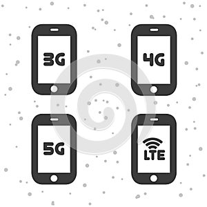 Mobile telecommunications icons. 3G, 4G, 5G and LTE symbols.