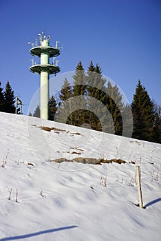 Mobile telephone antenna tower on mountain