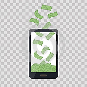 Mobile telephone with money pile on transparent background. Cash banknotes heap, falling dollars. Commercial banking