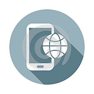 mobile telophone with globeicon in Flat long shadow. One of web collection icon can be used for UI/UX