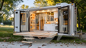 Mobile tiny house with open doors, wooden deck, and composite material fixtures