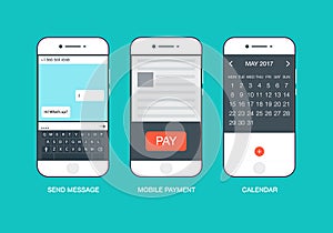 Mobile touch screen phones interface windows vector. Flat style modern elements web site click banner icon ui ux.