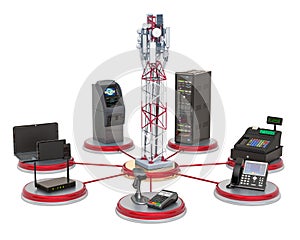 Mobile tower with trading, banking and offices equipment`s concept. 3D rendering