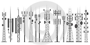 Mobile towers set. Internet network. Radio antennas and cellular communication constructions. Vector silhouette outline
