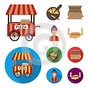 Mobile trailer, cutting board for pizza, boxes, salesman. Pizza and pizzeria set collection icons in cartoon,flat style