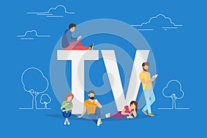 Mobile tv concept illustration of young people using smartphone for watching tv
