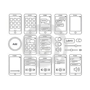 Mobile ui elements wireframe isolated on white background