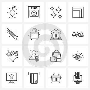 Mobile UI Line Icon Set of 16 Modern Pictograms of cutter, big, shine, full, retract