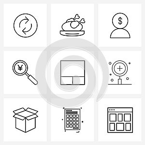 Mobile UI Line Icon Set of 9 Modern Pictograms of stacked, grid, businessman, magnifying glass, money