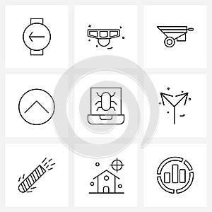 Mobile UI Line Icon Set of 9 Modern Pictograms of virus, laptop, trolly, bug, navigation upload