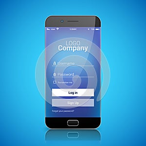 Mobile ui login register app template. Sign in vector signup design on smartphone