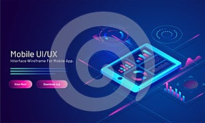 Mobile UI/UX concept based responsive web banner design with analysis mobile app screen on blue digital background