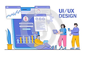 Mobile UI UX development design concept with characters. Digital industry, mobile app, innovation and technologies. Modern flat