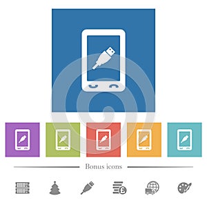 Mobile usb connection flat white icons in square backgrounds