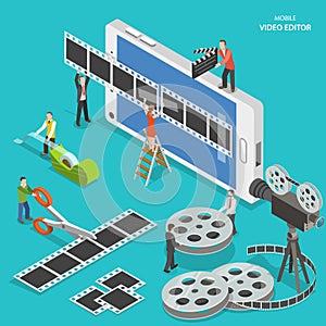 Mobile video editor flat isometric vector concept. photo