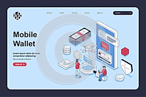 Mobile wallet app concept in 3d isometric design for landing page template. People managing personal financial accounts and credit