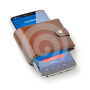 Mobile wallet concept. Smartphone for payment in lether purse