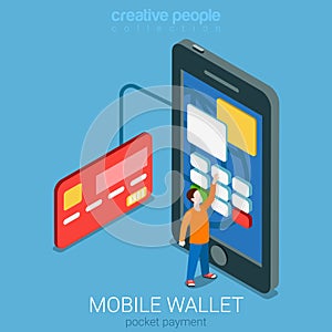 Mobile wallet payment transaction flat 3d vector isometric