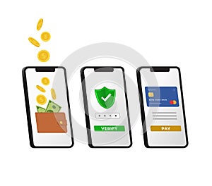 mobile wallet savings and earnings - secure verify - card payment vector