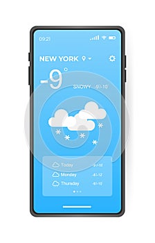 Mobile weather app interface design. GUI elements for weather forecast mobile app. Realistic phone. Temperature, weather condition