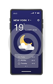 Mobile weather app interface design. GUI elements for weather forecast mobile app. Realistic phone. Temperature, weather condition