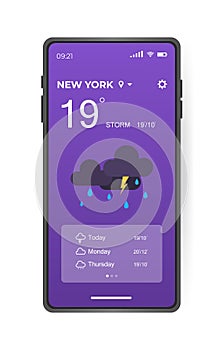 Mobile weather app interface design. GUI elements for weather forecast mobile app. Realistic phone. Temperature, weather condition