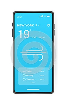 Mobile weather app interface design. GUI elements for weather forecast mobile app. Realistic phone. Temperature, weather condition