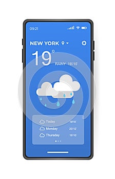 Mobile weather app interface design. GUI elements for weather forecast mobile app. Realistic phone. Temperature, weather condition