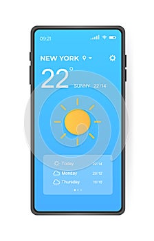 Mobile weather app interface design. GUI elements for weather forecast mobile app. Realistic phone. Temperature, weather condition