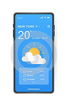 Mobile weather app interface design. GUI elements for weather forecast mobile app. Realistic phone. Temperature, weather condition