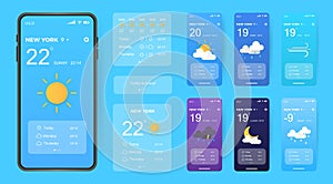 Mobile weather app interface design. GUI elements for weather forecast mobile app. Realistic phone. Temperature, weather condition