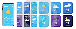 Mobile weather app interface design. GUI elements for weather forecast mobile app. Realistic phone. Temperature, weather condition