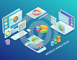 Mobile web analytics infographic, vector flat isometric illustration
