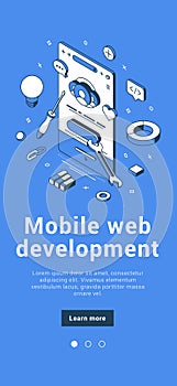 Mobile web application development debug smartphone screen testing usability interface vector