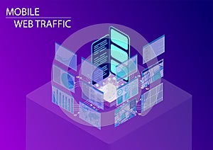 Mobile web traffic and monitoring of internet surfing concept. 3d isometric vector illustration with floating smartphones