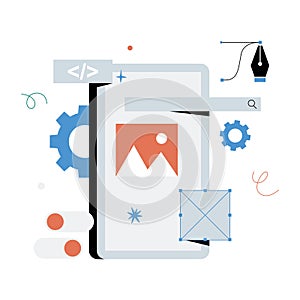 Mobile Website Design Interface In Flat Vector Illustration Symbolizing UX UI Development, Web Development, And Digital