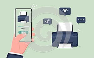 Mobile wireless print. Printer wirelessly printing document from smartphone. Air print on fax or ink jet using wifi, bluetooth.