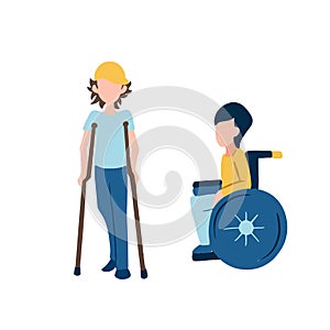 MobileFlat icon set of disabled children on a wheelchair and on crutches