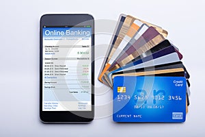Mobilephone With Online Banking App And Credit Cards