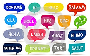 MobileSet of different languages. Hello, hola, hi, guten tag, ni hao, salaam, salut, bonjour. Translation concept. Hand drawn colo photo