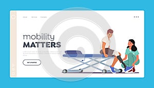 Mobility Matters Landing Page Template. Young Man Character With Leg Prosthesis Undergoes Rehabilitation